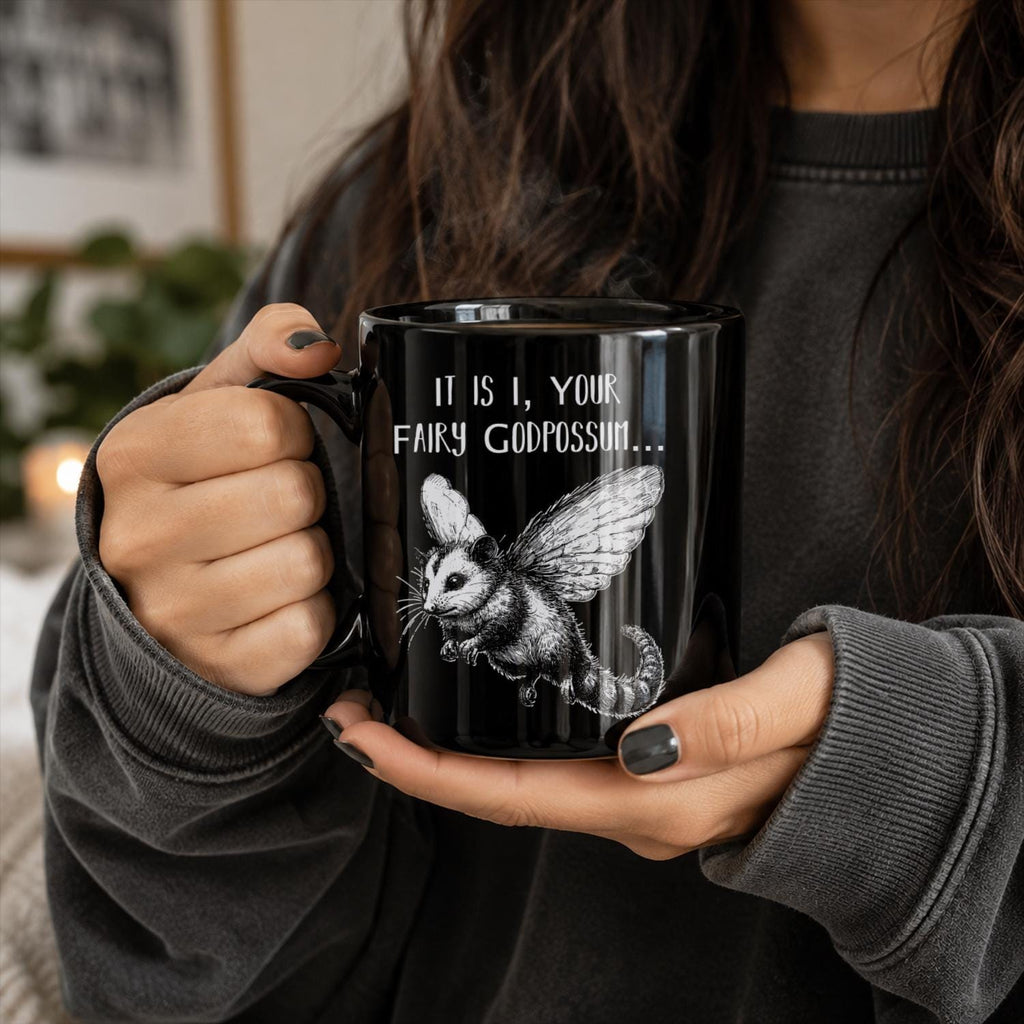 Fairy Godpossum Black Ceramic Mug