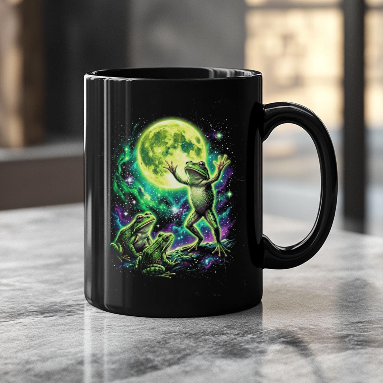 Cosmic Moon Frog Black Ceramic Mug