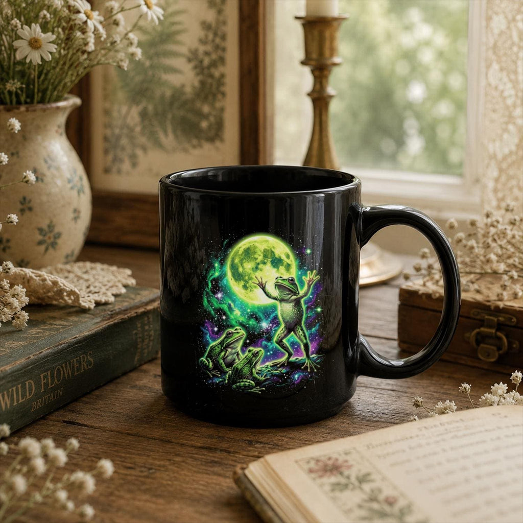 Cosmic Moon Frog Black Ceramic Mug