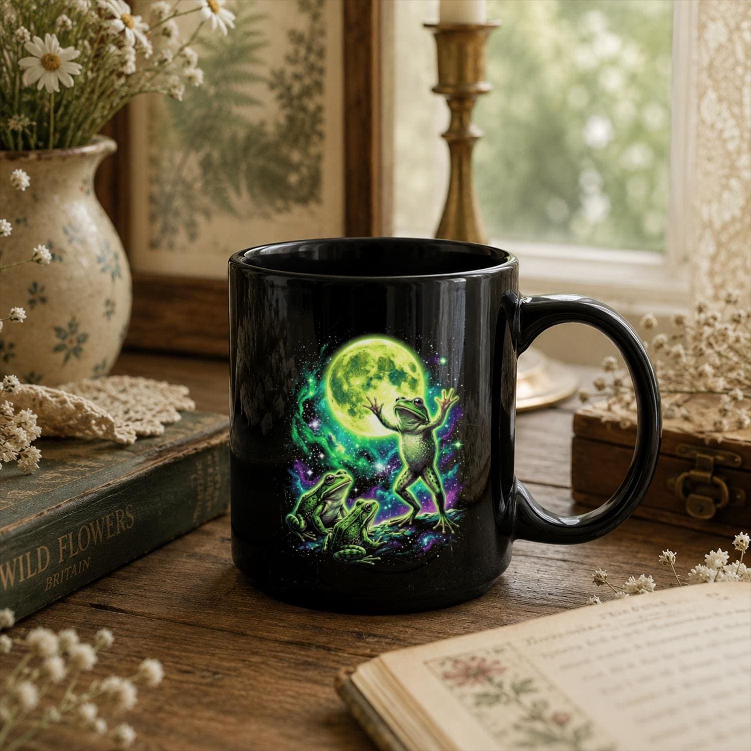 Cosmic Moon Frog Black Ceramic Mug