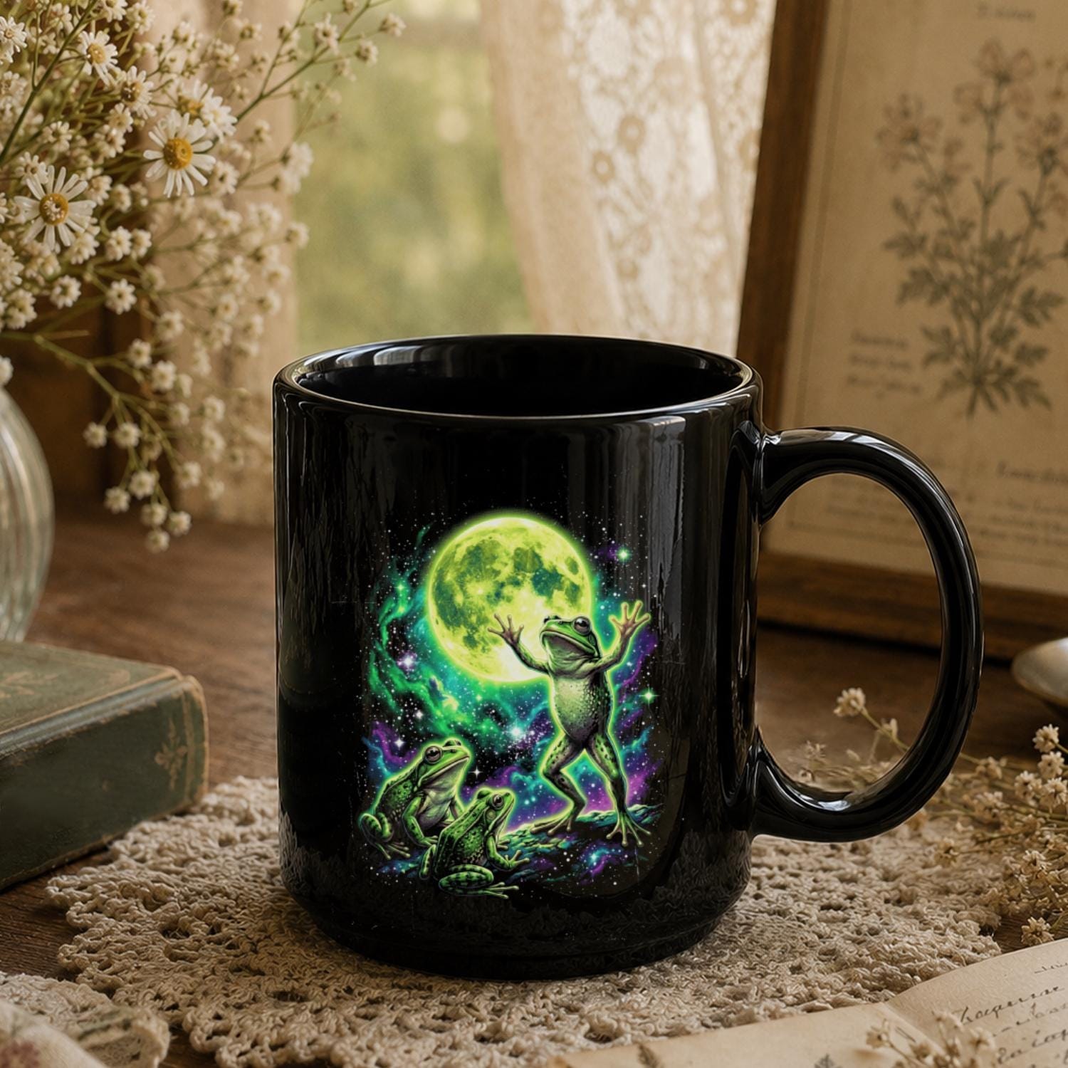 Cosmic Moon Frog Black Ceramic Mug