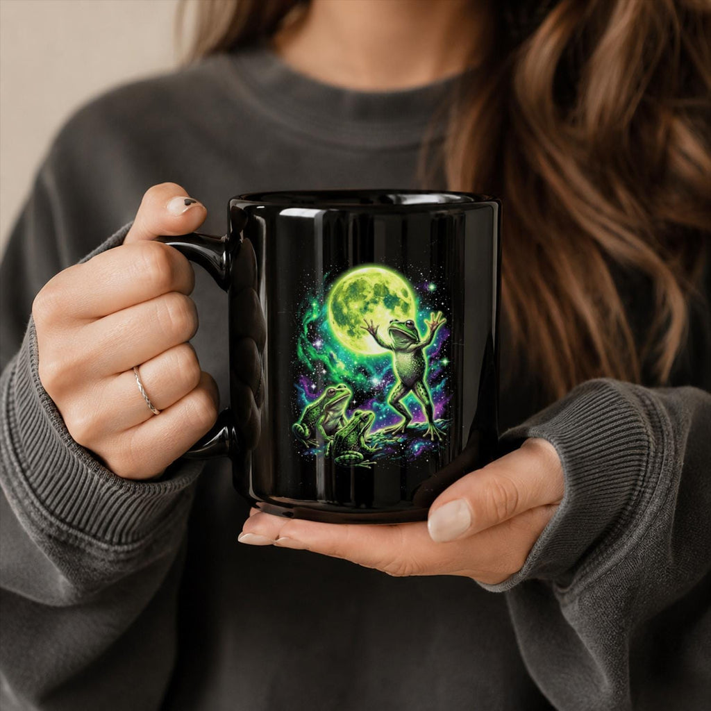 Cosmic Moon Frog Black Ceramic Mug
