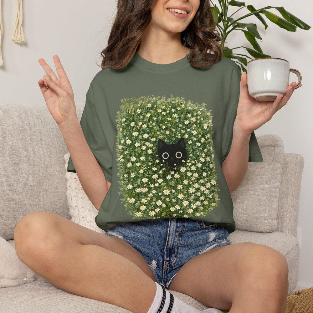 Black Cat Amongst Wildflowers Daisy T-Shirt - Charmed and Wyld