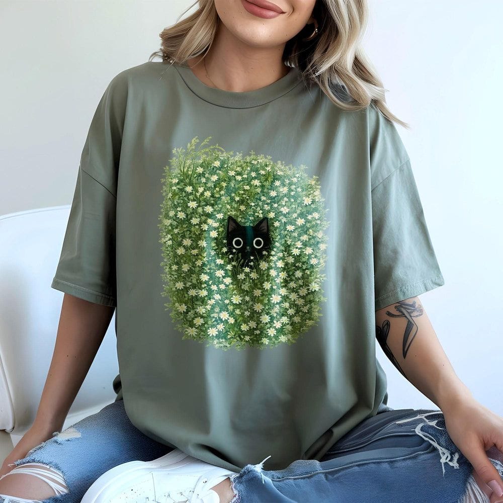 Black Cat Amongst Wildflowers Daisy T-Shirt - Charmed and Wyld