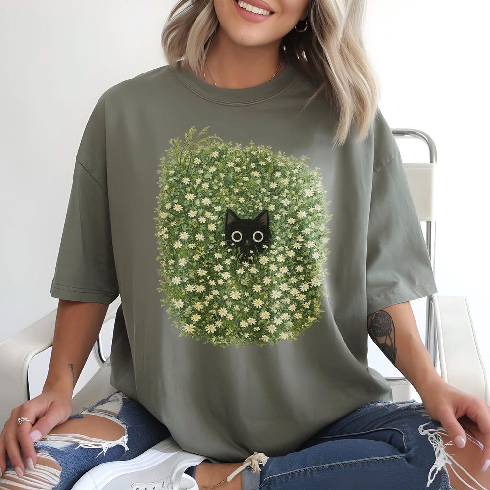 Black Cat Amongst Wildflowers Daisy T-Shirt