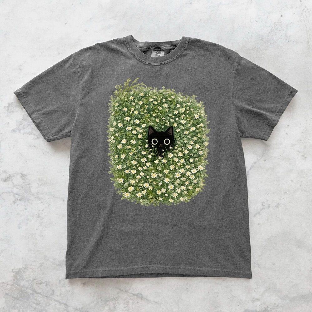 Black Cat Amongst Wildflowers Daisy T-Shirt