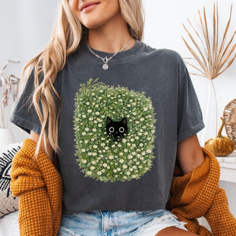 Black Cat Amongst Wildflowers Daisy T-Shirt