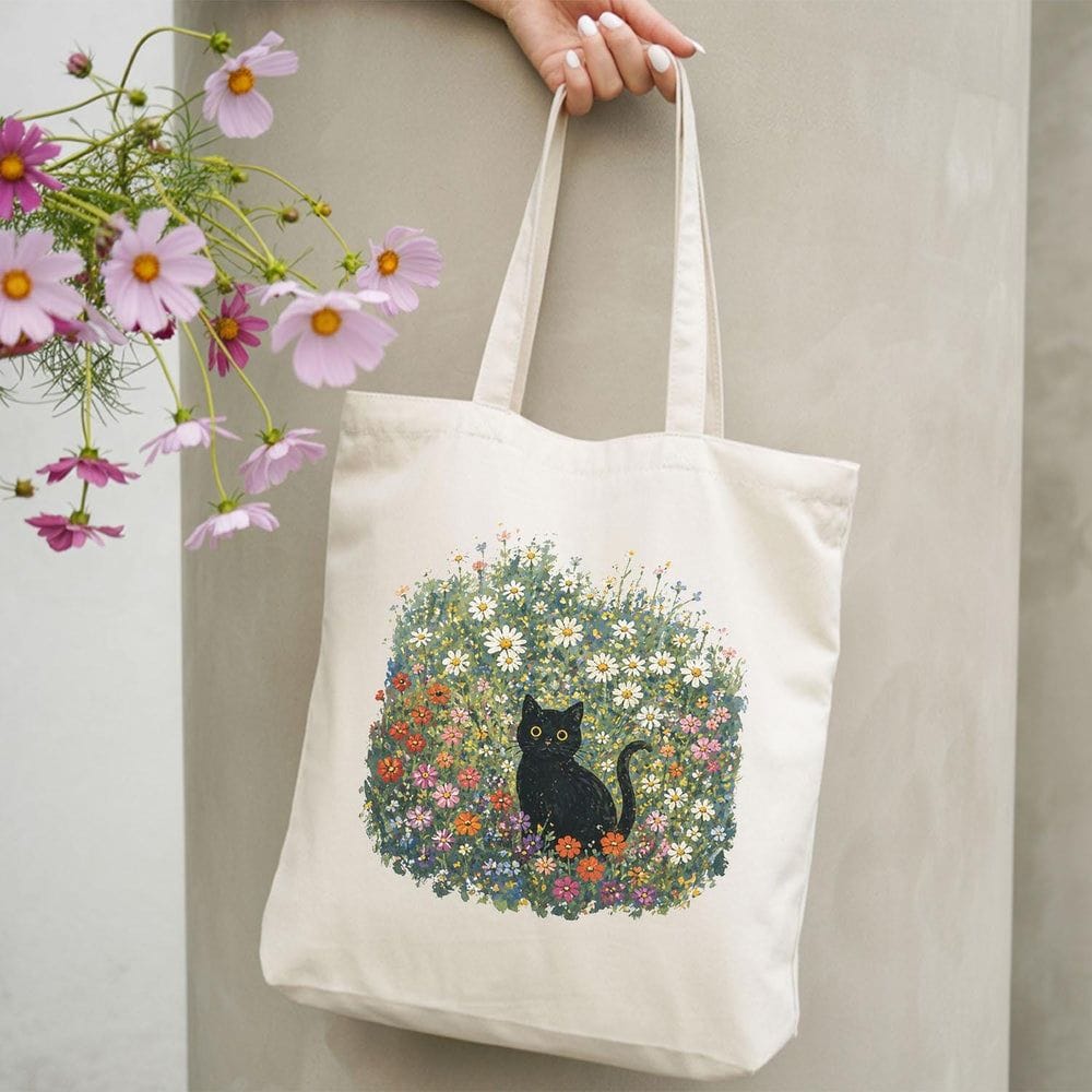 Black Cat Floral Cotton Tote Bag - Charmed and Wyld