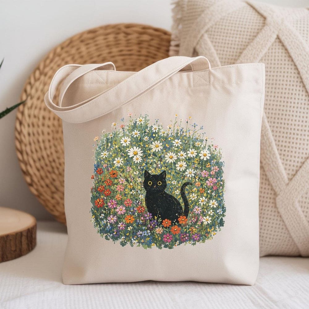 Black Cat Floral Cotton Tote Bag - Charmed and Wyld