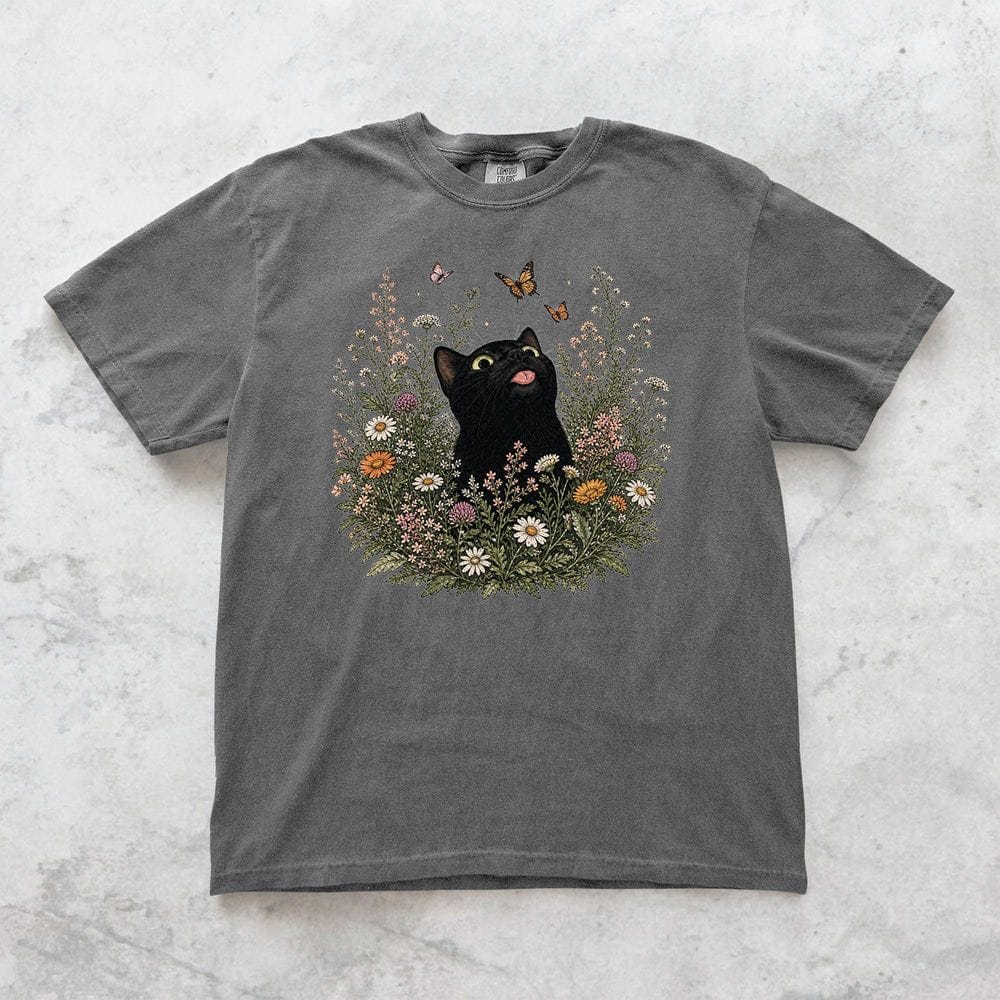Funny Black Cat Butterfly Wildflower T-Shirt - Charmed and Wyld