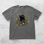 Funny Black Cat Butterfly Wildflower T-Shirt - Charmed and Wyld