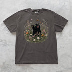 Funny Black Cat Butterfly Wildflower T-Shirt - Charmed and Wyld