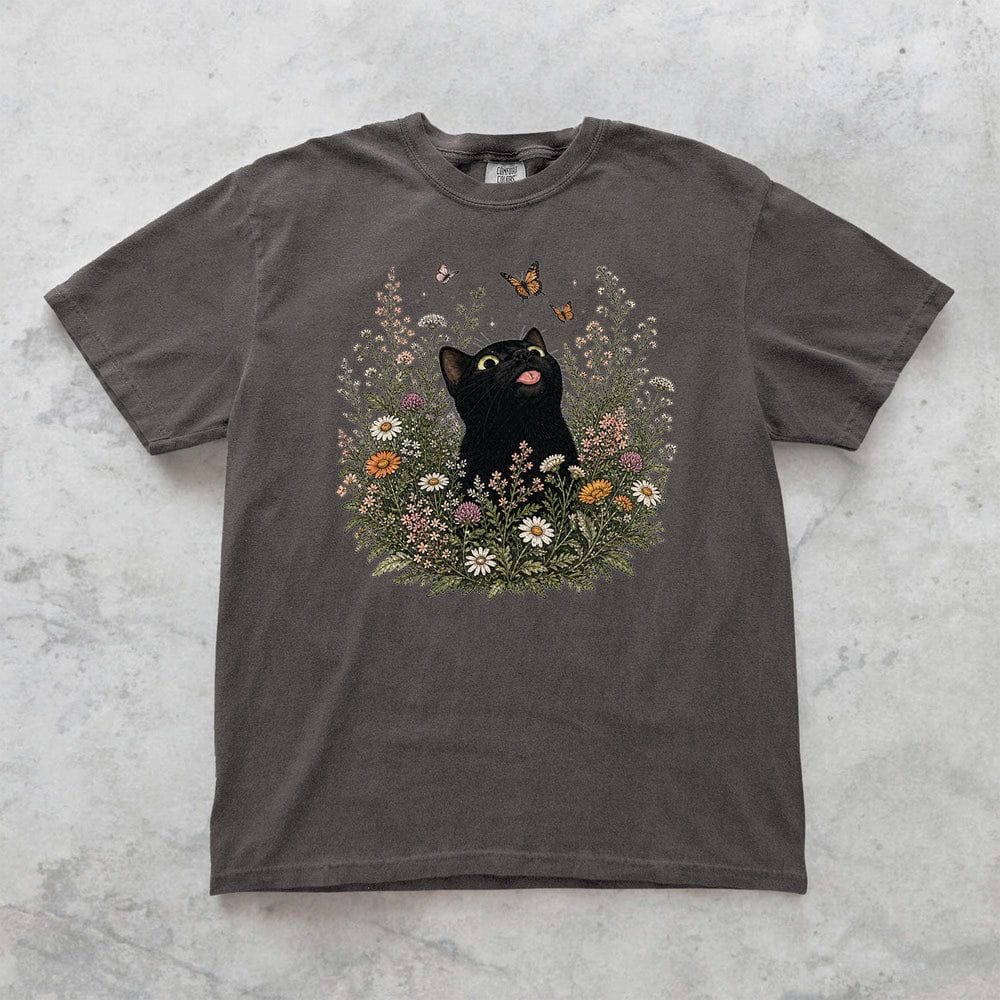 Funny Black Cat Butterfly Wildflower T-Shirt - Charmed and Wyld