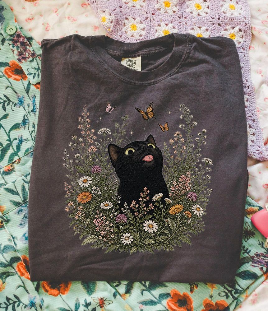 Funny Black Cat Butterfly Wildflower T-Shirt