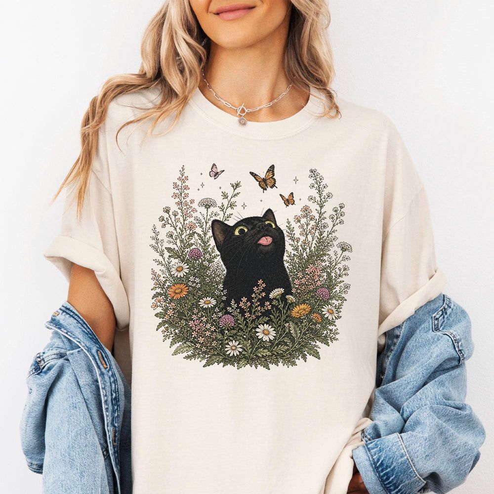 Funny Black Cat Butterfly Wildflower T-Shirt