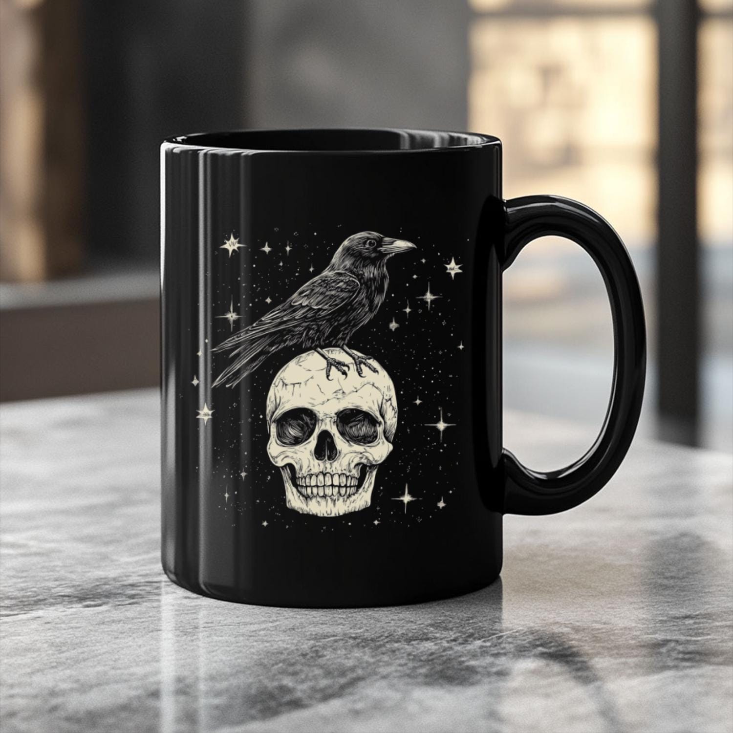 Raven Skull Black Ceramic Mug