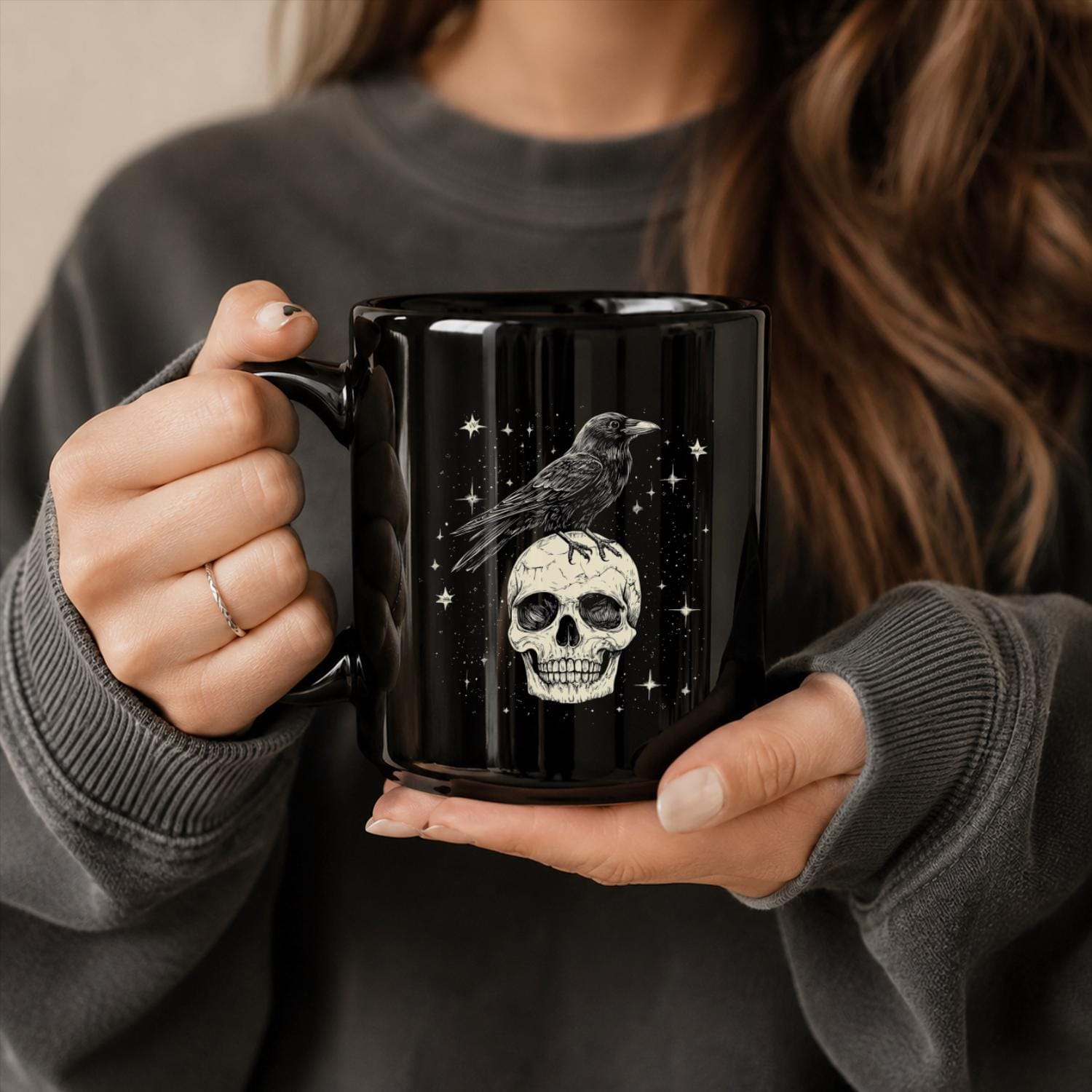 Raven Skull Black Ceramic Mug