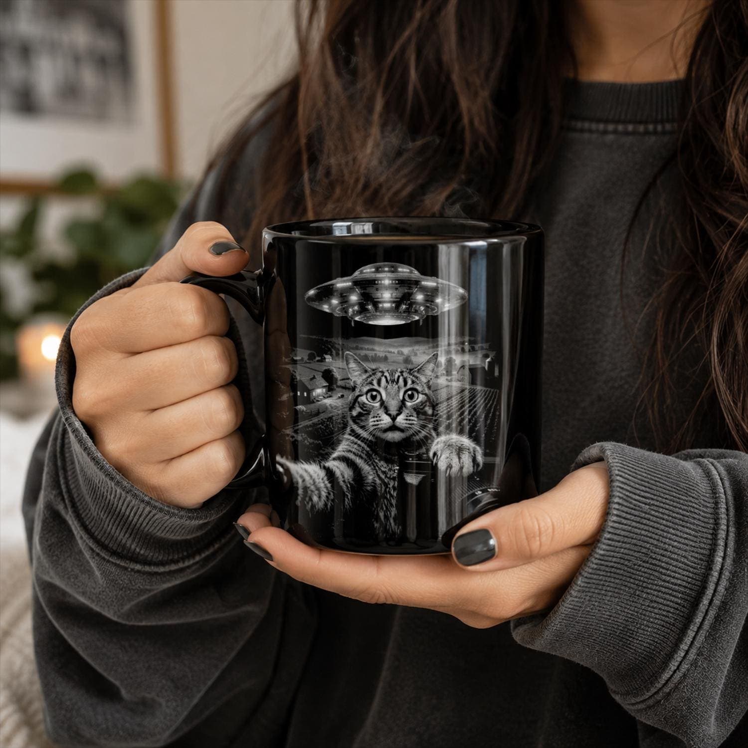 Alien Cat Black Ceramic Mug