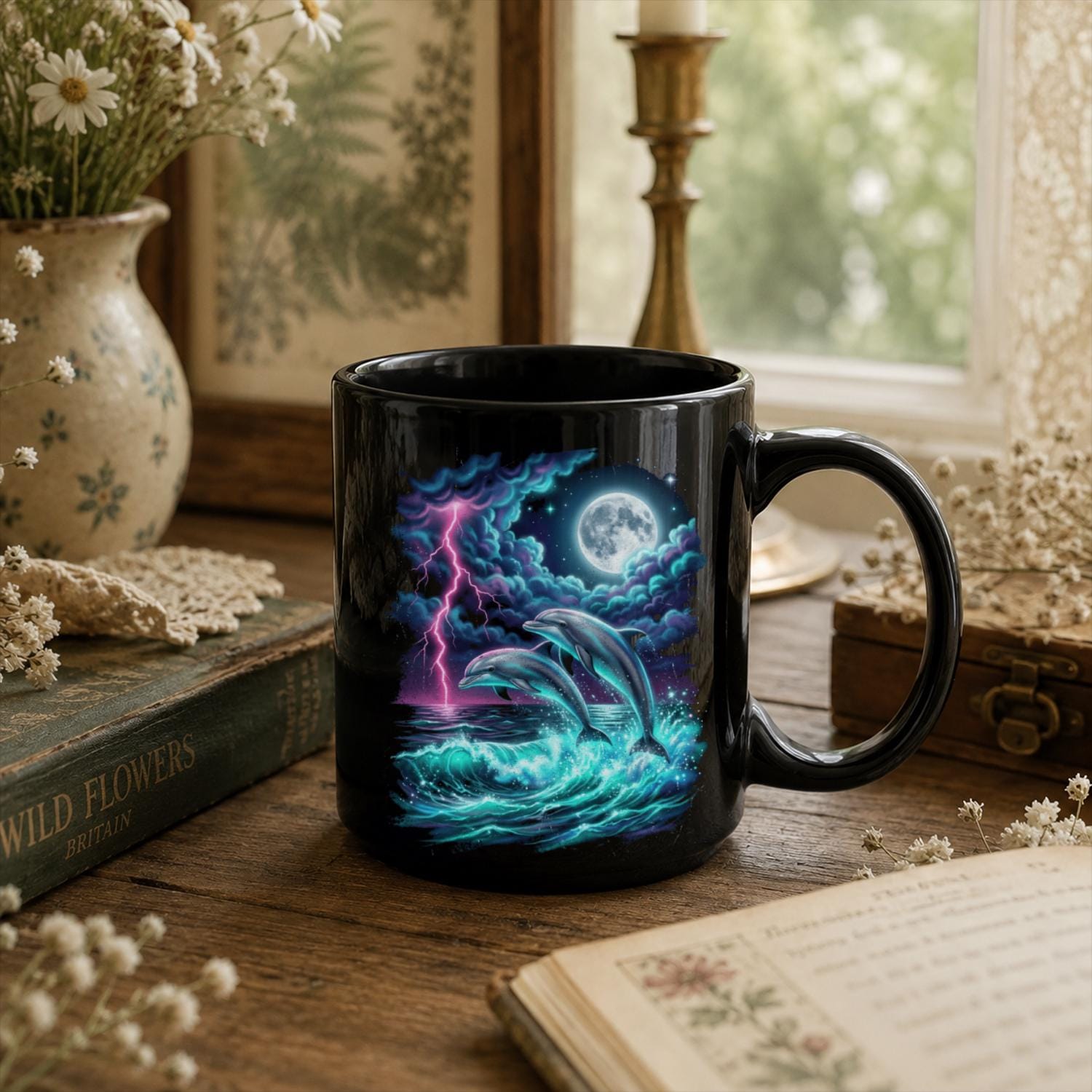 Moonlit Dolphin Black Ceramic Mug