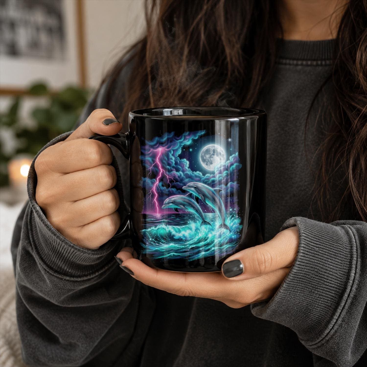 Moonlit Dolphin Black Ceramic Mug