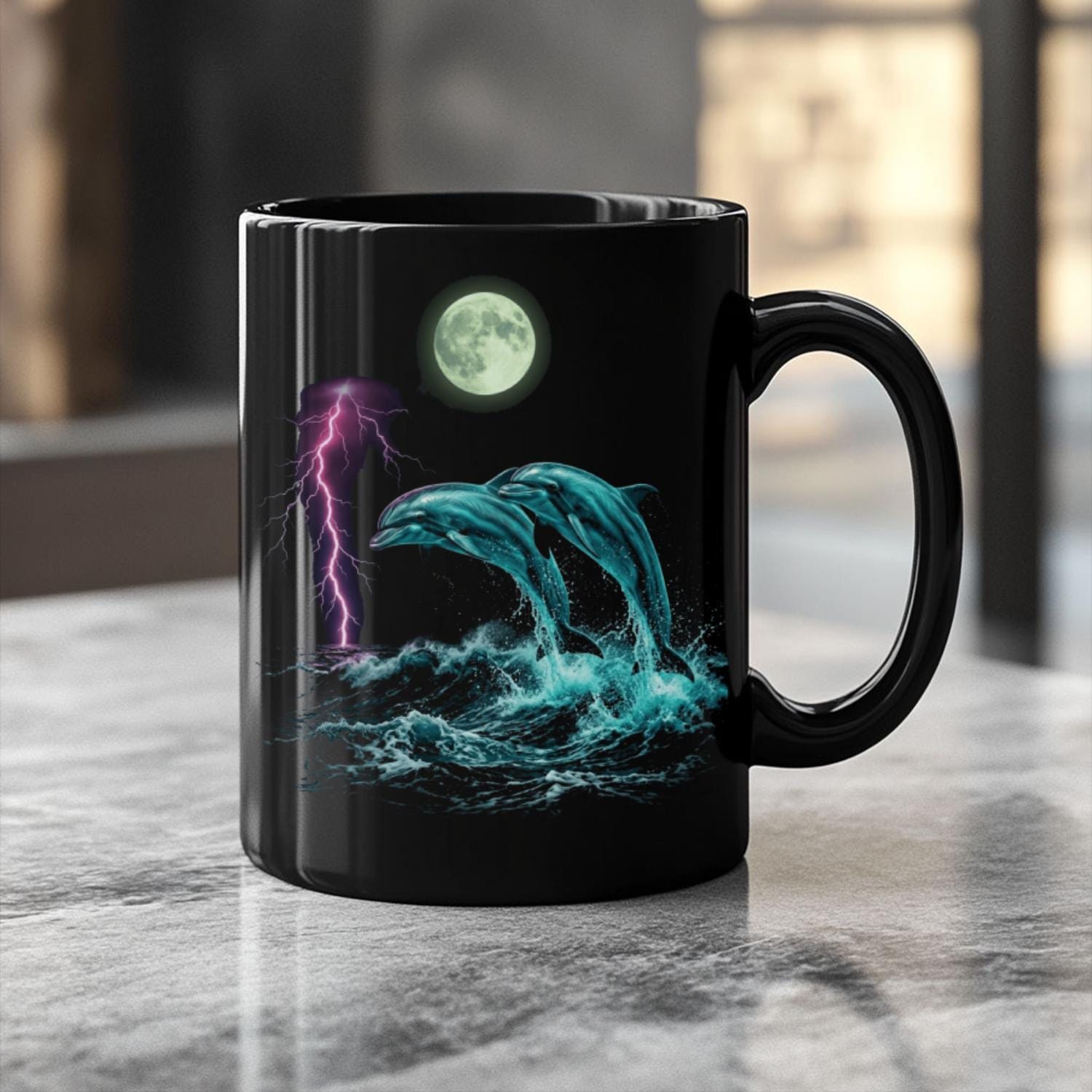 Dolphin Black Ceramic Mug