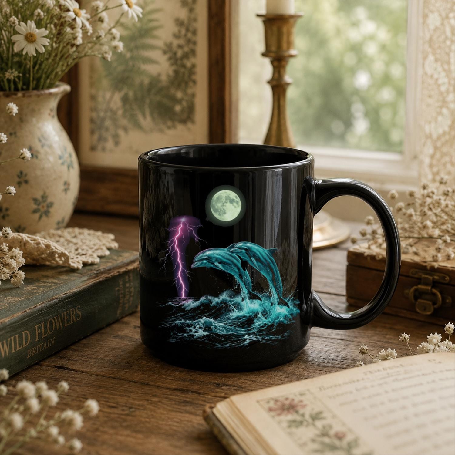 Dolphin Black Ceramic Mug