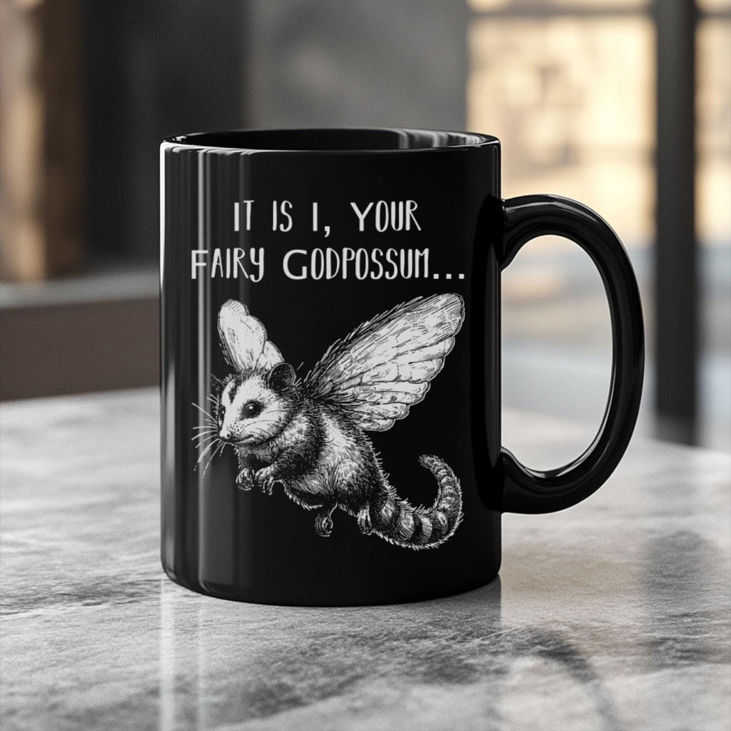 Fairy Godpossum Black Ceramic Mug