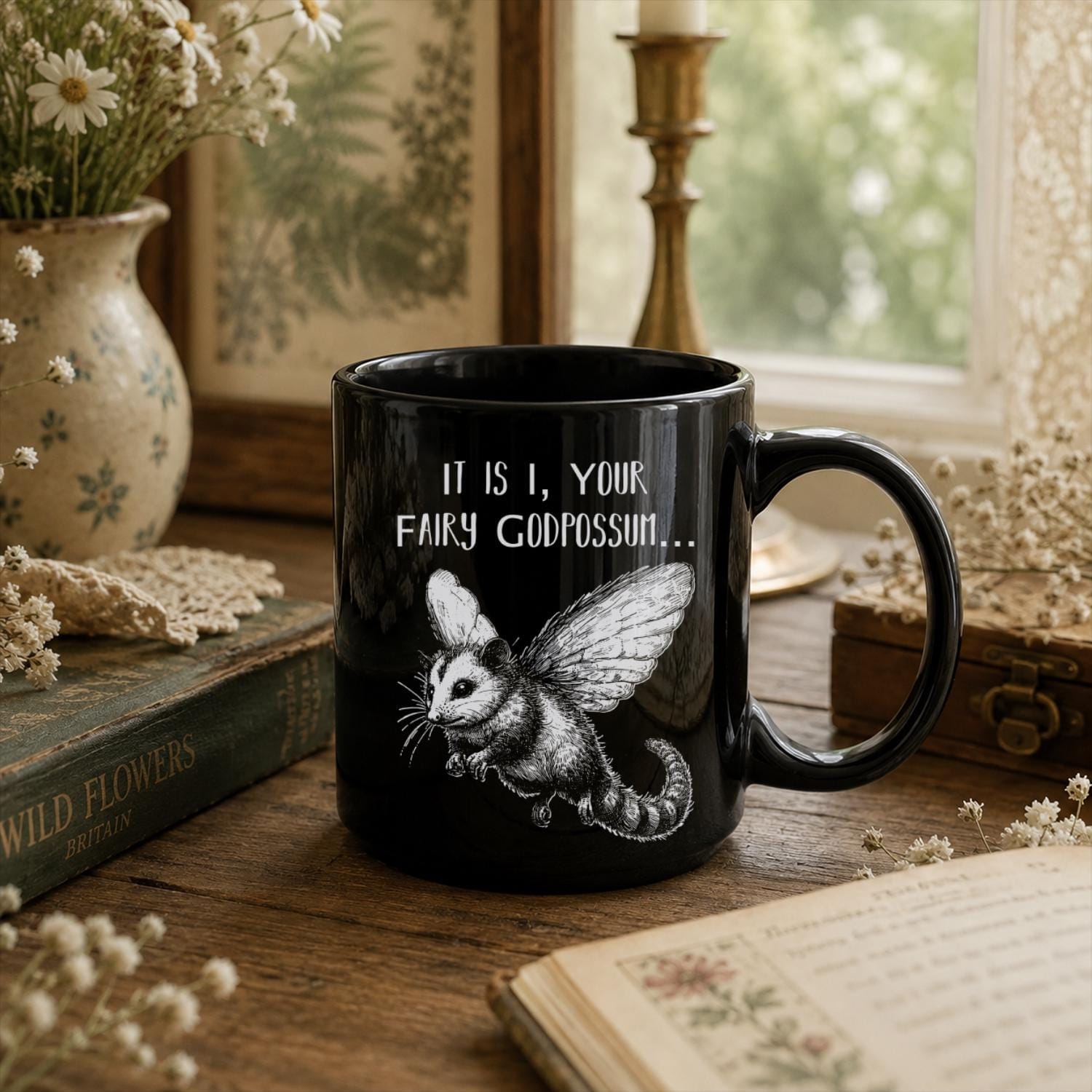 Fairy Godpossum Black Ceramic Mug