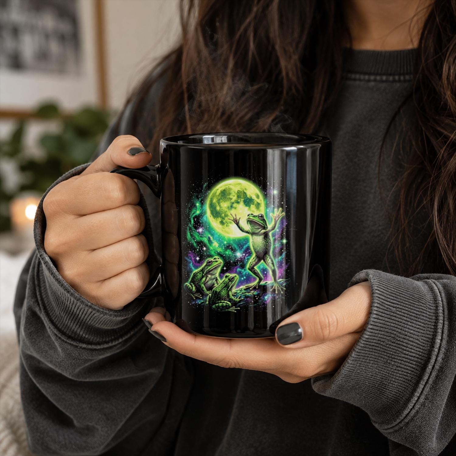 Cosmic Moon Frog Black Ceramic Mug