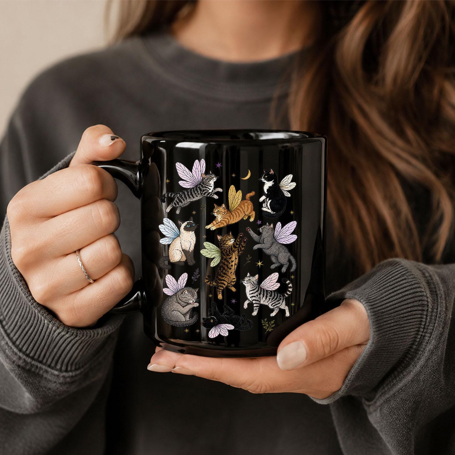 Fairy Cat Mug, Cat Lover Coffee Mug, Whimsical Cat Mug, Fairycore Gift, Cottagecore Mug, Fantasy Cat Cup, Cute Cat Mug, Black Ceramic Mug
