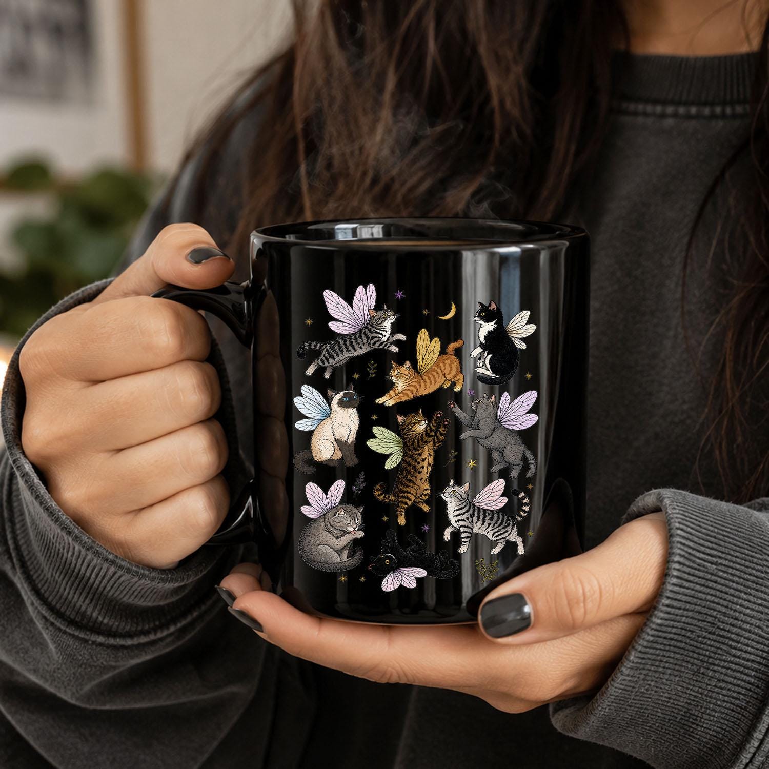 Fairy Cat Mug, Cat Lover Coffee Mug, Whimsical Cat Mug, Fairycore Gift, Cottagecore Mug, Fantasy Cat Cup, Cute Cat Mug, Black Ceramic Mug