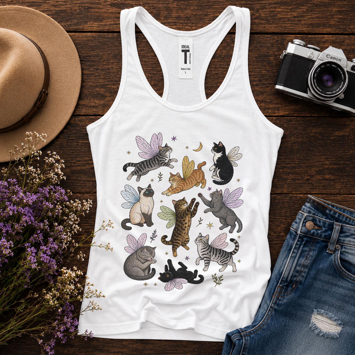 Fairy Cat Tank Top, Cat Lover Racerback Tank, Fairycore Tank Top, Cottagecore Cat Shirt, Whimsical Cat Gift, Fantasy Tank, Cute Summer Top