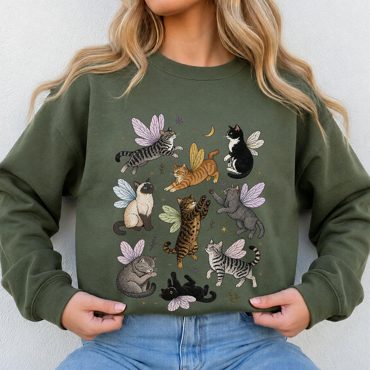 Fairy Cat Sweatshirt, Cat Lover Crewneck, Cottagecore Sweatshirt, Fairycore Whimsical Cat Sweater, Fantasy Cat Jumper, Cute Cat Mom Gift