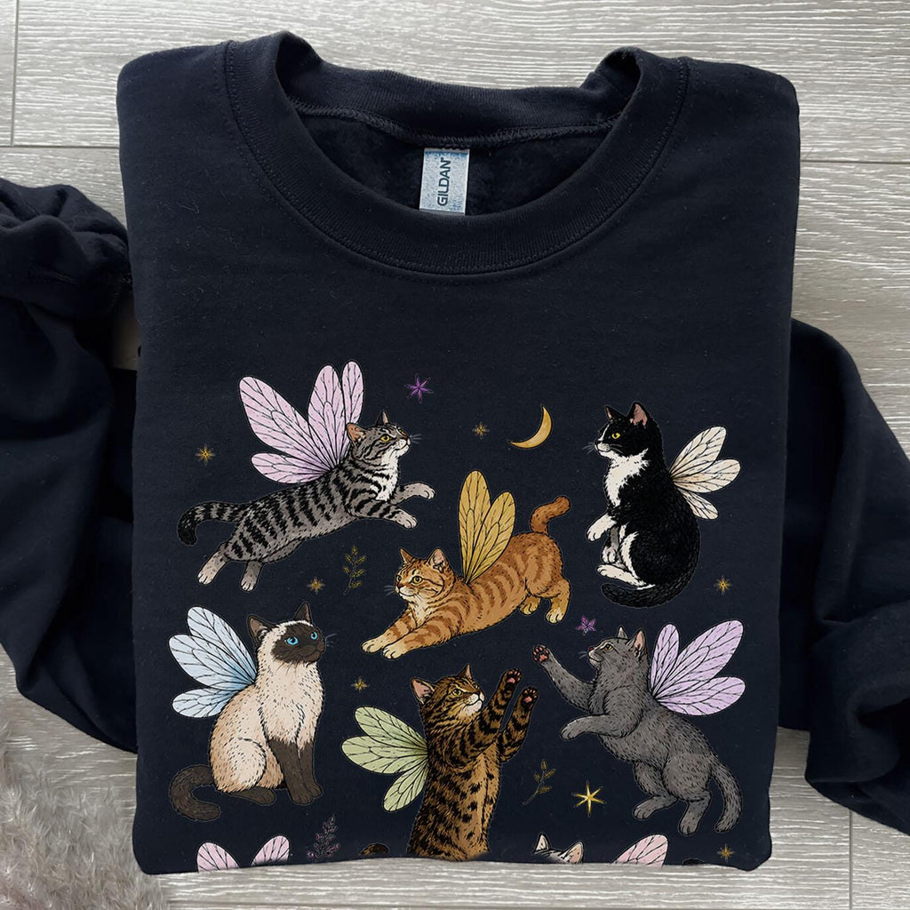 Fairy Cat Sweatshirt, Cat Lover Crewneck, Cottagecore Sweatshirt, Fairycore Whimsical Cat Sweater, Fantasy Cat Jumper, Cute Cat Mom Gift