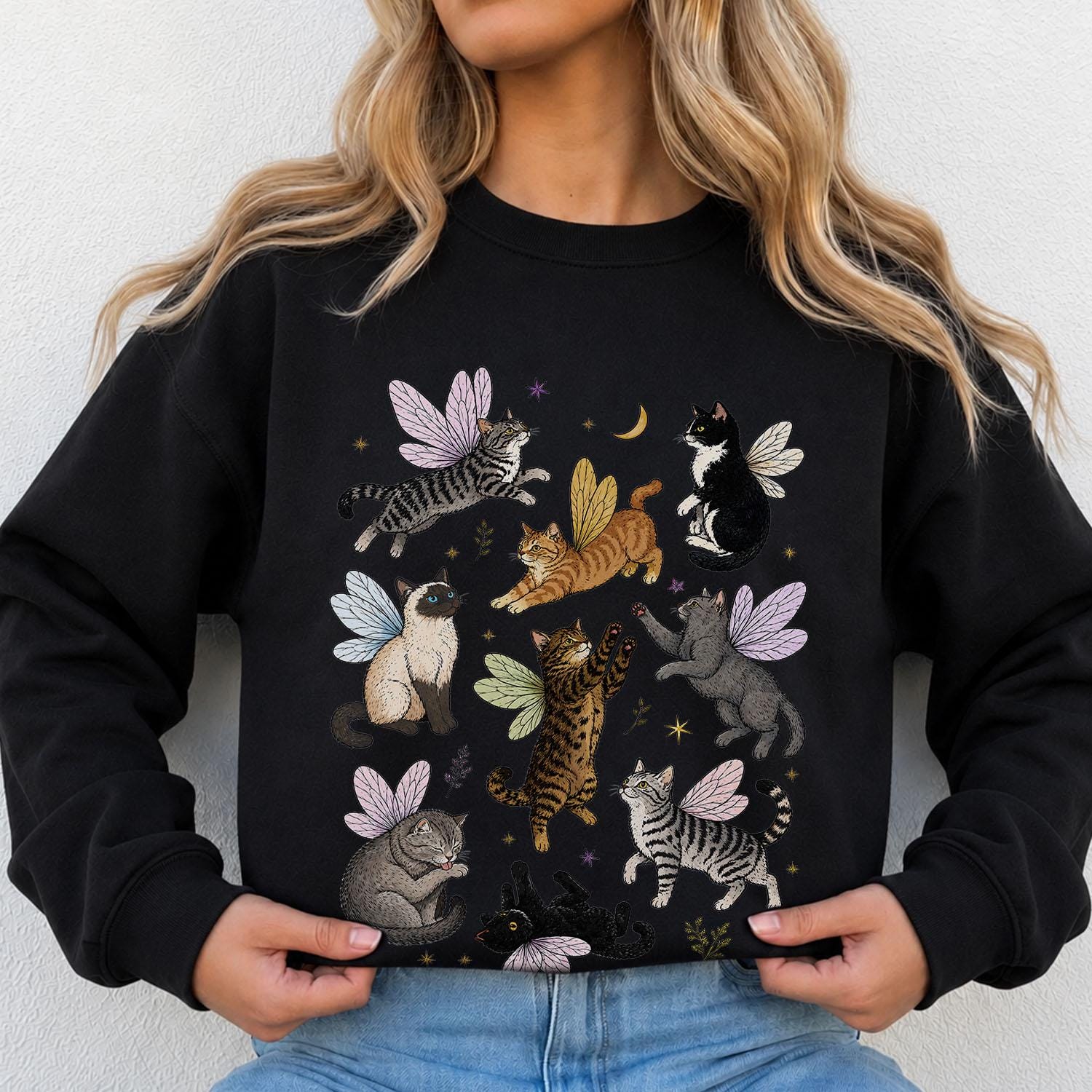 Fairy Cat Sweatshirt, Cat Lover Crewneck, Cottagecore Sweatshirt, Fairycore Whimsical Cat Sweater, Fantasy Cat Jumper, Cute Cat Mom Gift