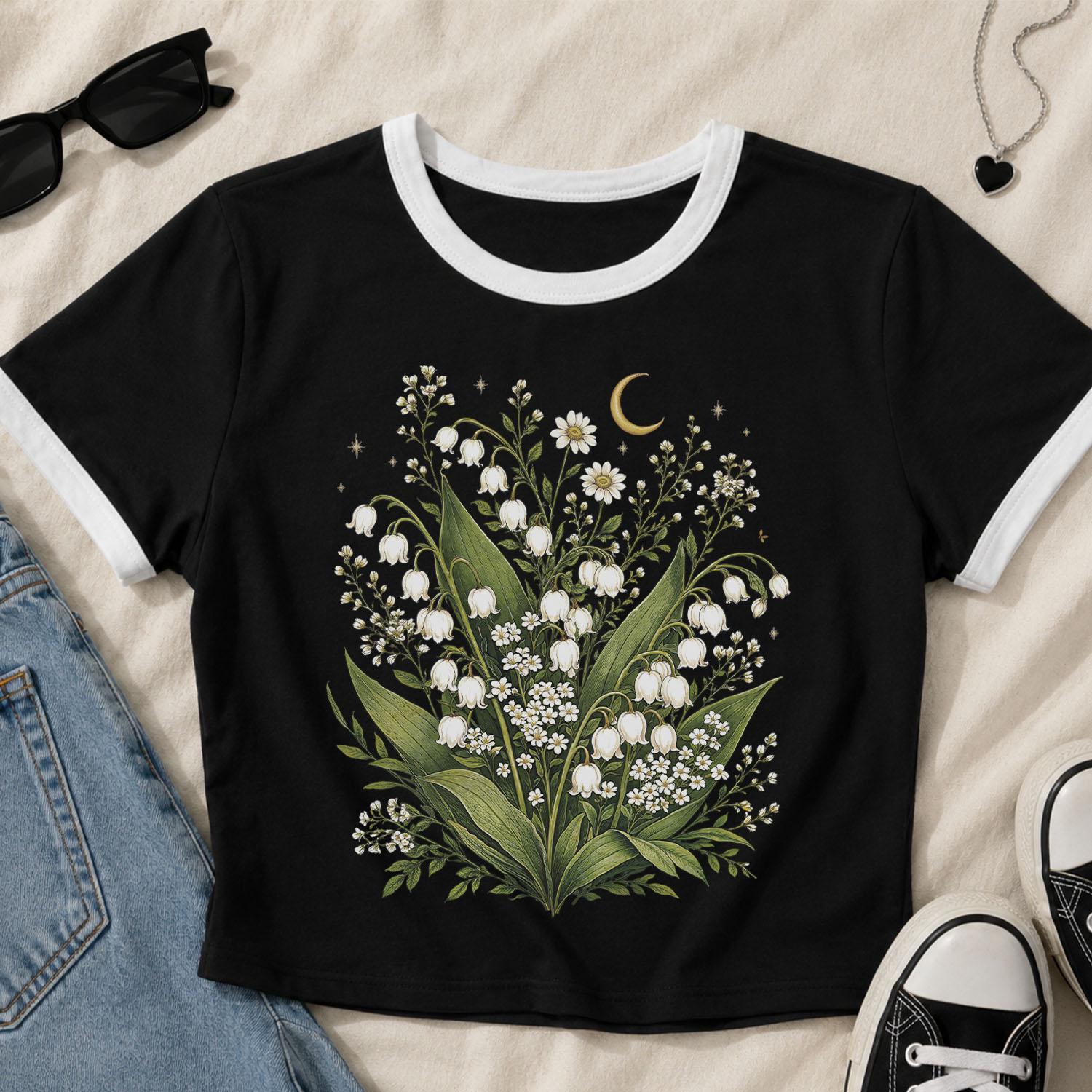 Lily of the Valley Crop Top, Botanical Ringer Tee, Cottagecore Crop Tee, Floral Crop Top, Wildflower Shirt, Nature Lover Garden Aesthetic