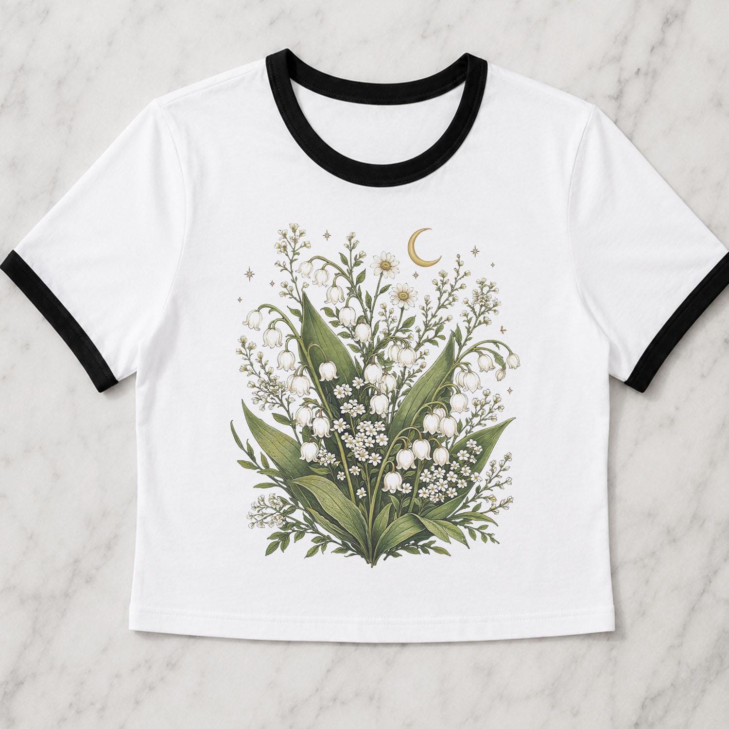 Lily of the Valley Crop Top, Botanical Ringer Tee, Cottagecore Crop Tee, Floral Crop Top, Wildflower Shirt, Nature Lover Garden Aesthetic
