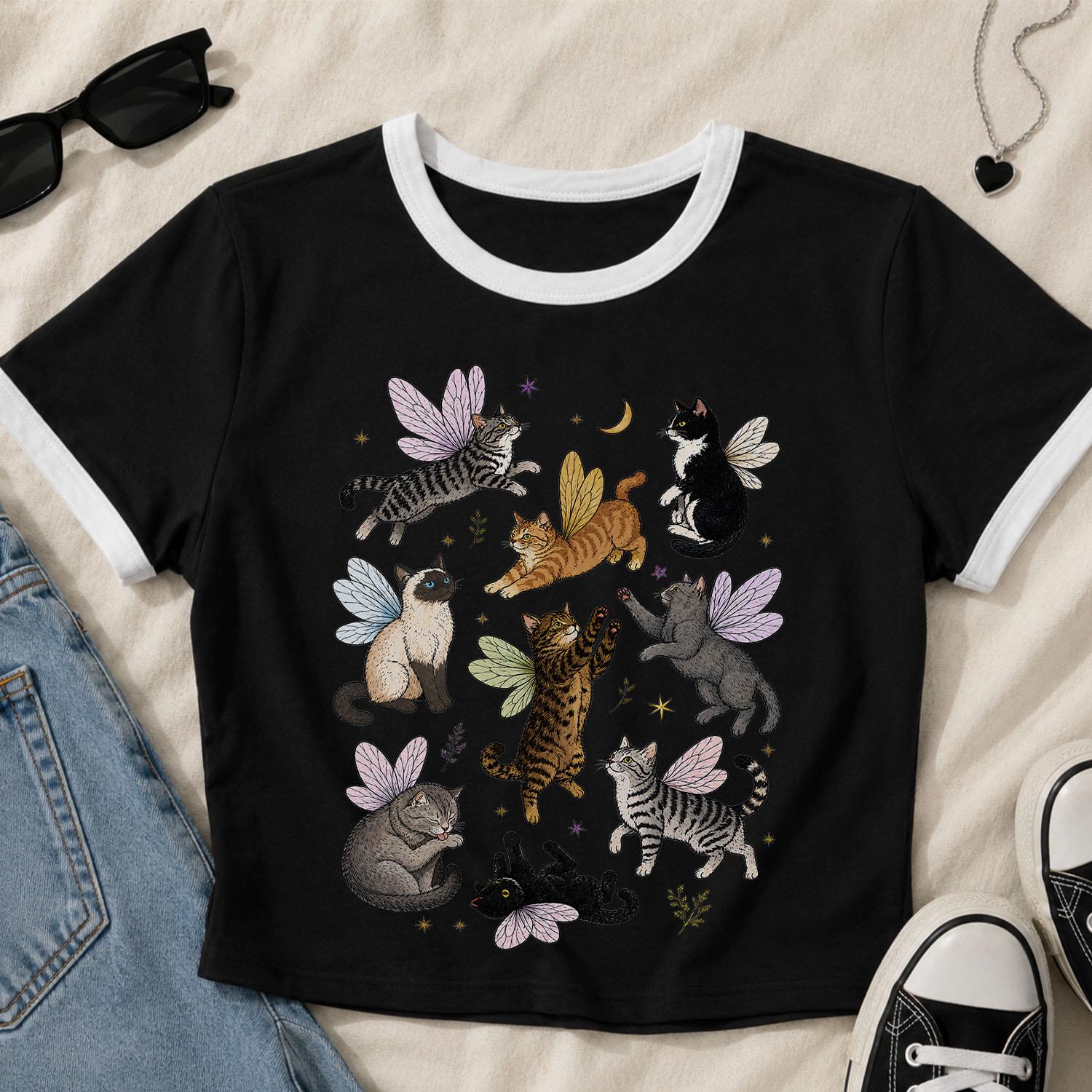 Fairy Cat Crop Top, Cottagecore Cat Shirt, Fairycore Ringer Tee, Cute Cat Lover Gift, Whimsical Cat Crop Tee, Fantasy Kawaii Cat Top