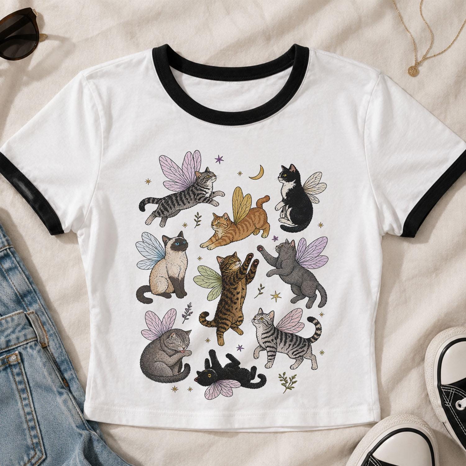 Fairy Cat Crop Top, Cottagecore Cat Shirt, Fairycore Ringer Tee, Cute Cat Lover Gift, Whimsical Cat Crop Tee, Fantasy Kawaii Cat Top