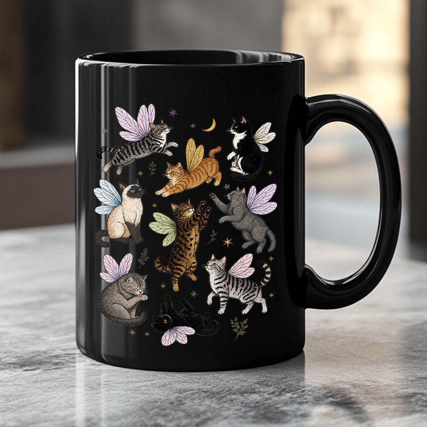 Fairy Cat Mug, Cat Lover Coffee Mug, Whimsical Cat Mug, Fairycore Gift, Cottagecore Mug, Fantasy Cat Cup, Cute Cat Mug, Black Ceramic Mug