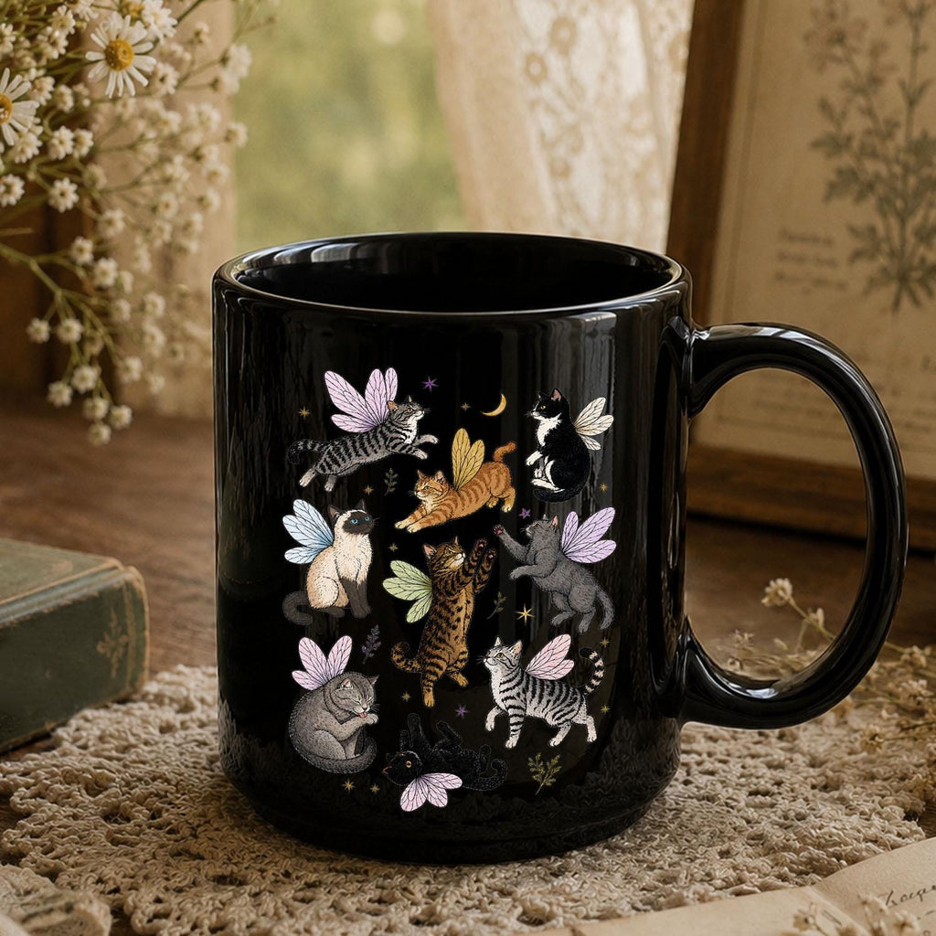 Fairy Cat Mug, Cat Lover Coffee Mug, Whimsical Cat Mug, Fairycore Gift, Cottagecore Mug, Fantasy Cat Cup, Cute Cat Mug, Black Ceramic Mug