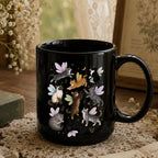 Fairy Cat Mug, Cat Lover Coffee Mug, Whimsical Cat Mug, Fairycore Gift, Cottagecore Mug, Fantasy Cat Cup, Cute Cat Mug, Black Ceramic Mug