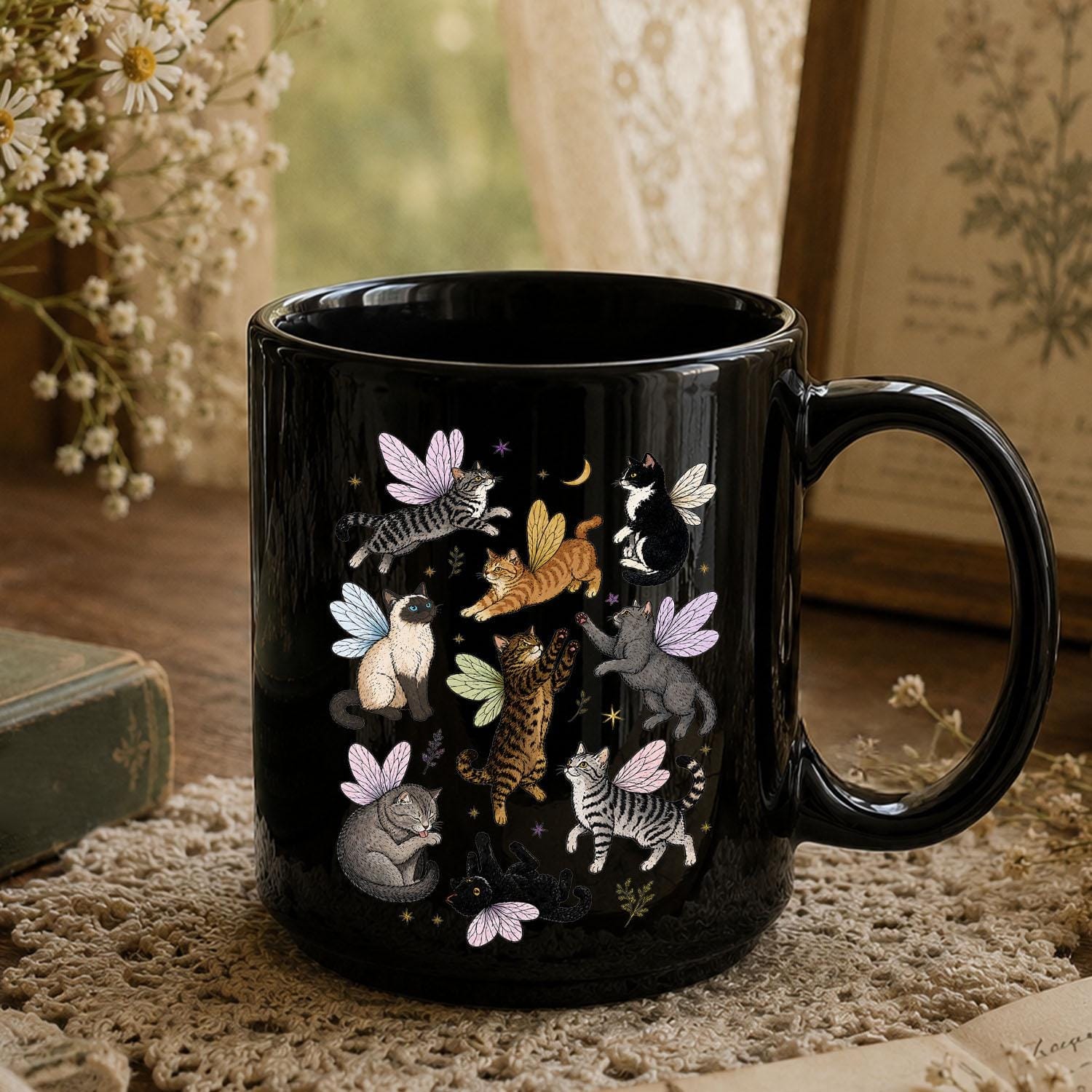 Fairy Cat Mug, Cat Lover Coffee Mug, Whimsical Cat Mug, Fairycore Gift, Cottagecore Mug, Fantasy Cat Cup, Cute Cat Mug, Black Ceramic Mug