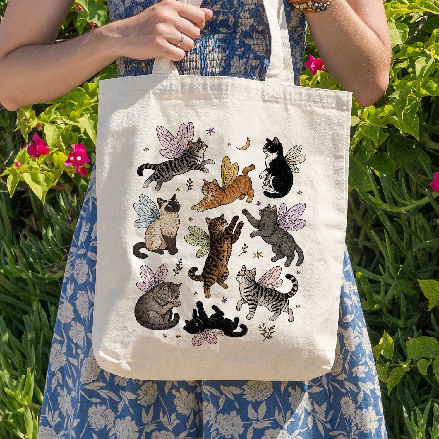 Fairy Cat Tote Bag, Cat Lover Tote, Cottagecore Tote Bag, Fairycore Bag, Whimsical Cat Gift, Fantasy Cat Tote, Cute Reusable Shopping Bag