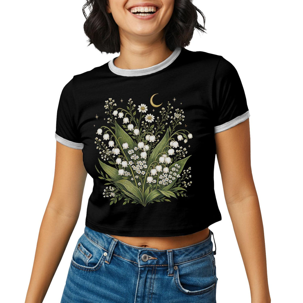 Lily of the Valley Crop Top, Botanical Ringer Tee, Cottagecore Crop Tee, Floral Crop Top, Wildflower Shirt, Nature Lover Garden Aesthetic