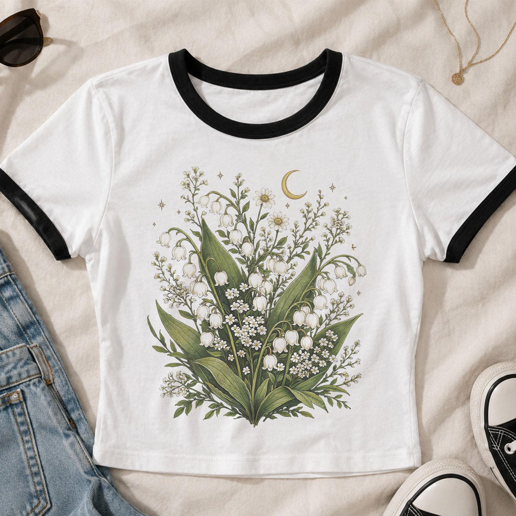 Lily of the Valley Crop Top, Botanical Ringer Tee, Cottagecore Crop Tee, Floral Crop Top, Wildflower Shirt, Nature Lover Garden Aesthetic