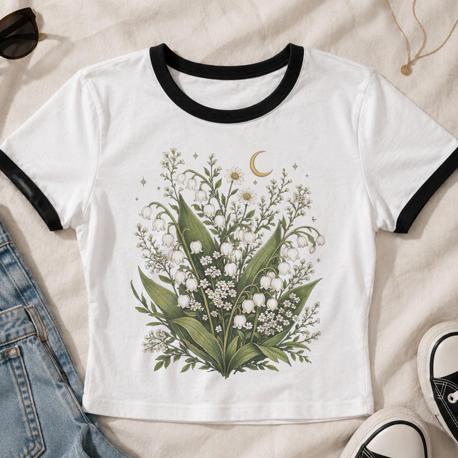 Lily of the Valley Crop Top, Botanical Ringer Tee, Cottagecore Crop Tee, Floral Crop Top, Wildflower Shirt, Nature Lover Garden Aesthetic
