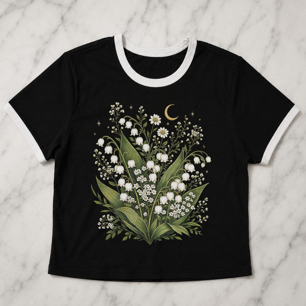 Lily of the Valley Crop Top, Botanical Ringer Tee, Cottagecore Crop Tee, Floral Crop Top, Wildflower Shirt, Nature Lover Garden Aesthetic