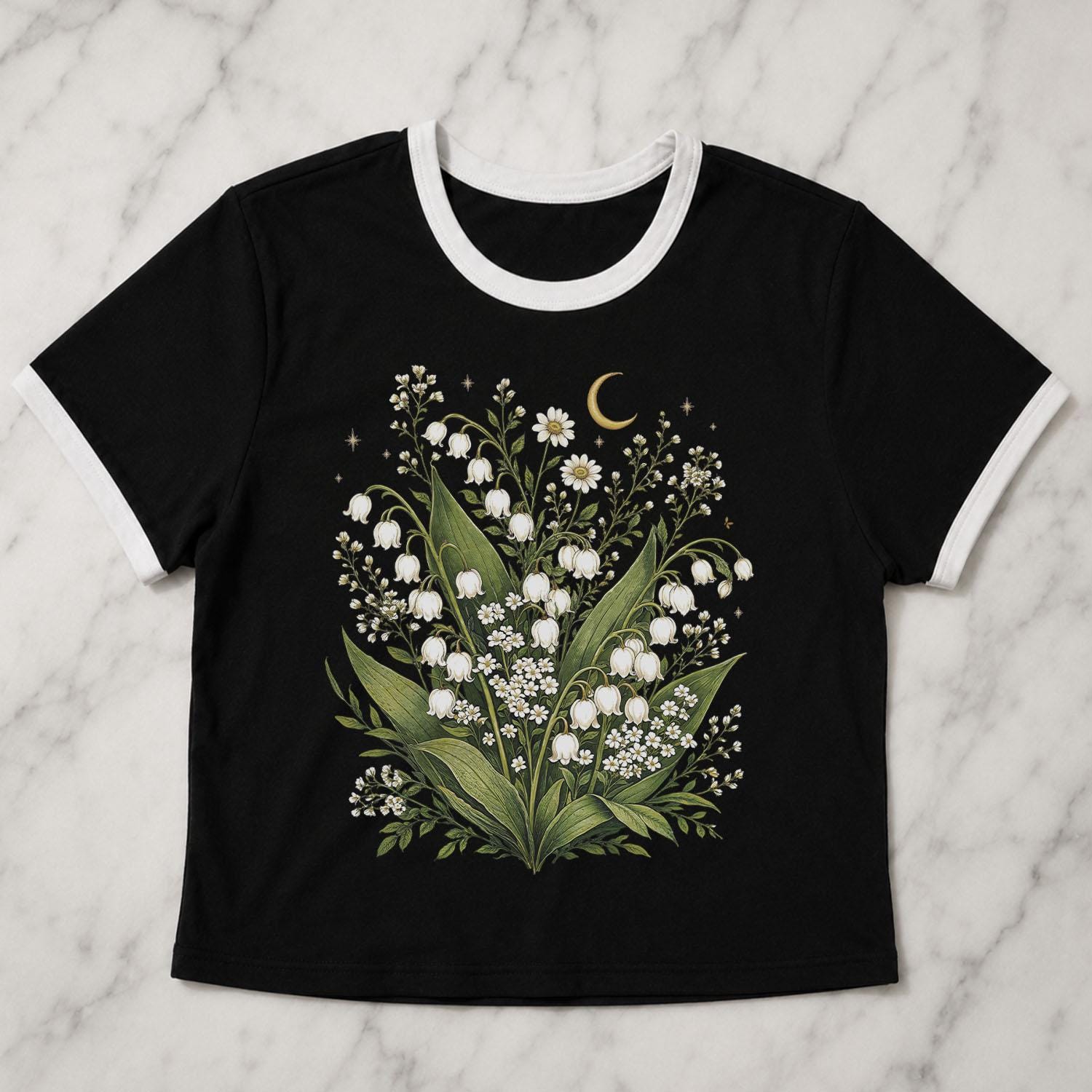 Lily of the Valley Crop Top, Botanical Ringer Tee, Cottagecore Crop Tee, Floral Crop Top, Wildflower Shirt, Nature Lover Garden Aesthetic