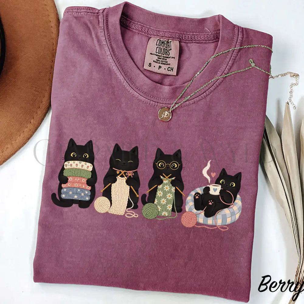 Knitting Black Cats Comfort Colors T-Shirt - Berry / S - T-Shirt